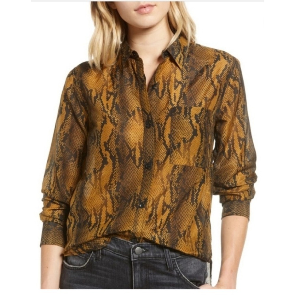 Current/Elliott Button Down Shirt Womens 0  SnakePrint Silk Blend Brown Drapey